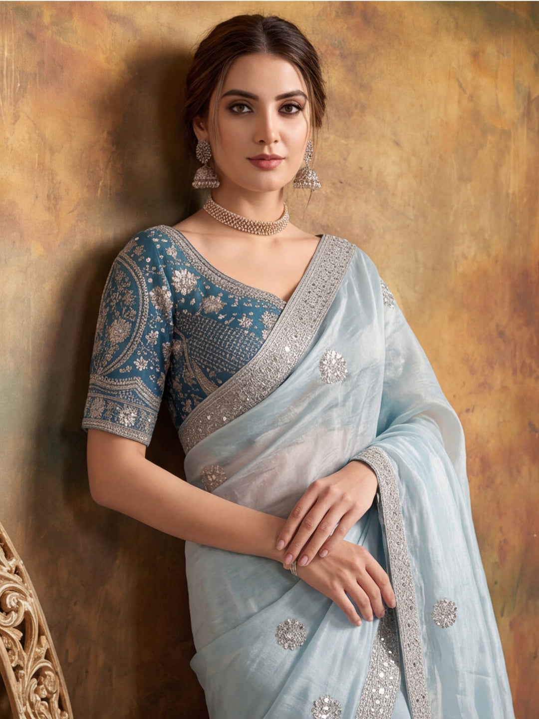 Pure Fandy Satin Pallu Embroidery With Border With Unstitched Blouse Piece