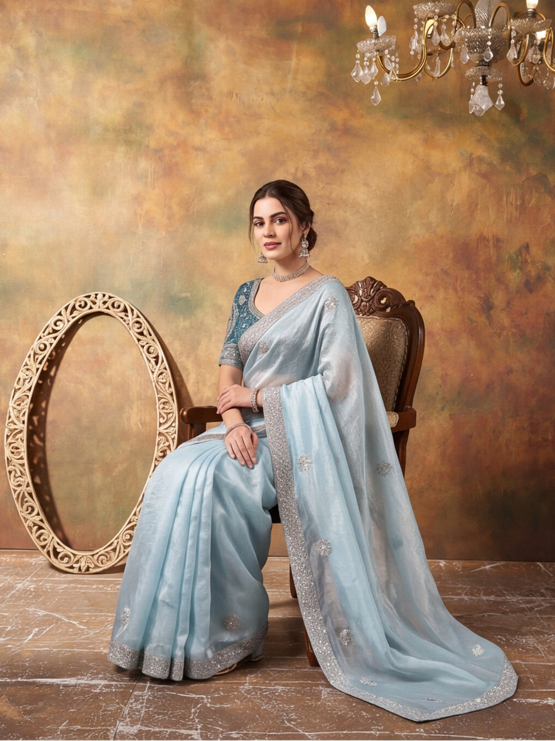 Pure Fandy Satin Pallu Embroidery With Border With Unstitched Blouse Piece