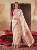 Premium Linen Silk Digital Printed And Hardwork Saree  With Unstitched Blouse Piece