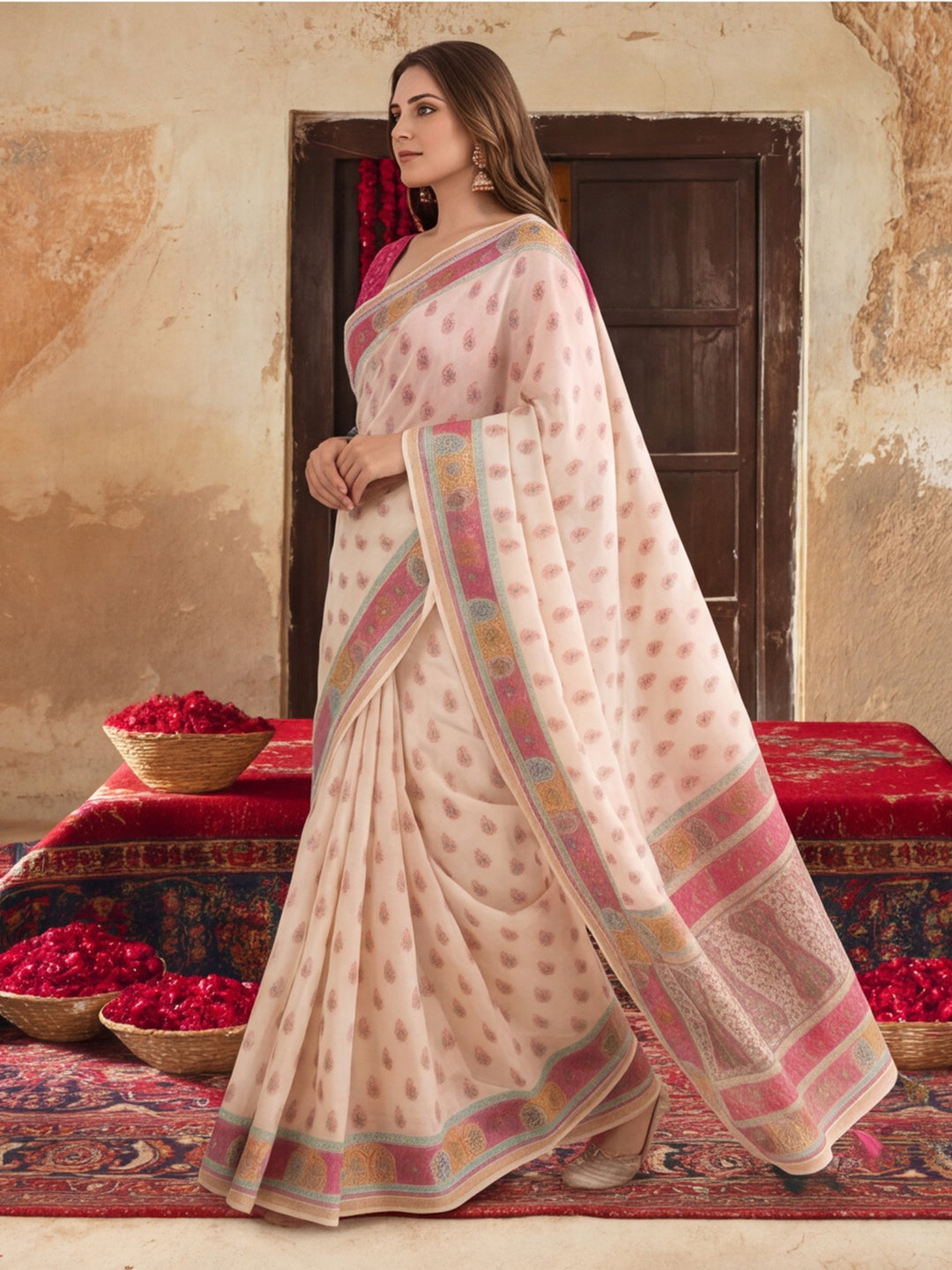 Premium Linen Silk Digital Printed And Hardwork Saree  With Unstitched Blouse Piece