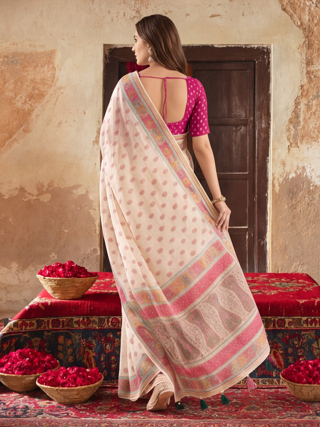 Premium Linen Silk Digital Printed And Hardwork Saree  With Unstitched Blouse Piece