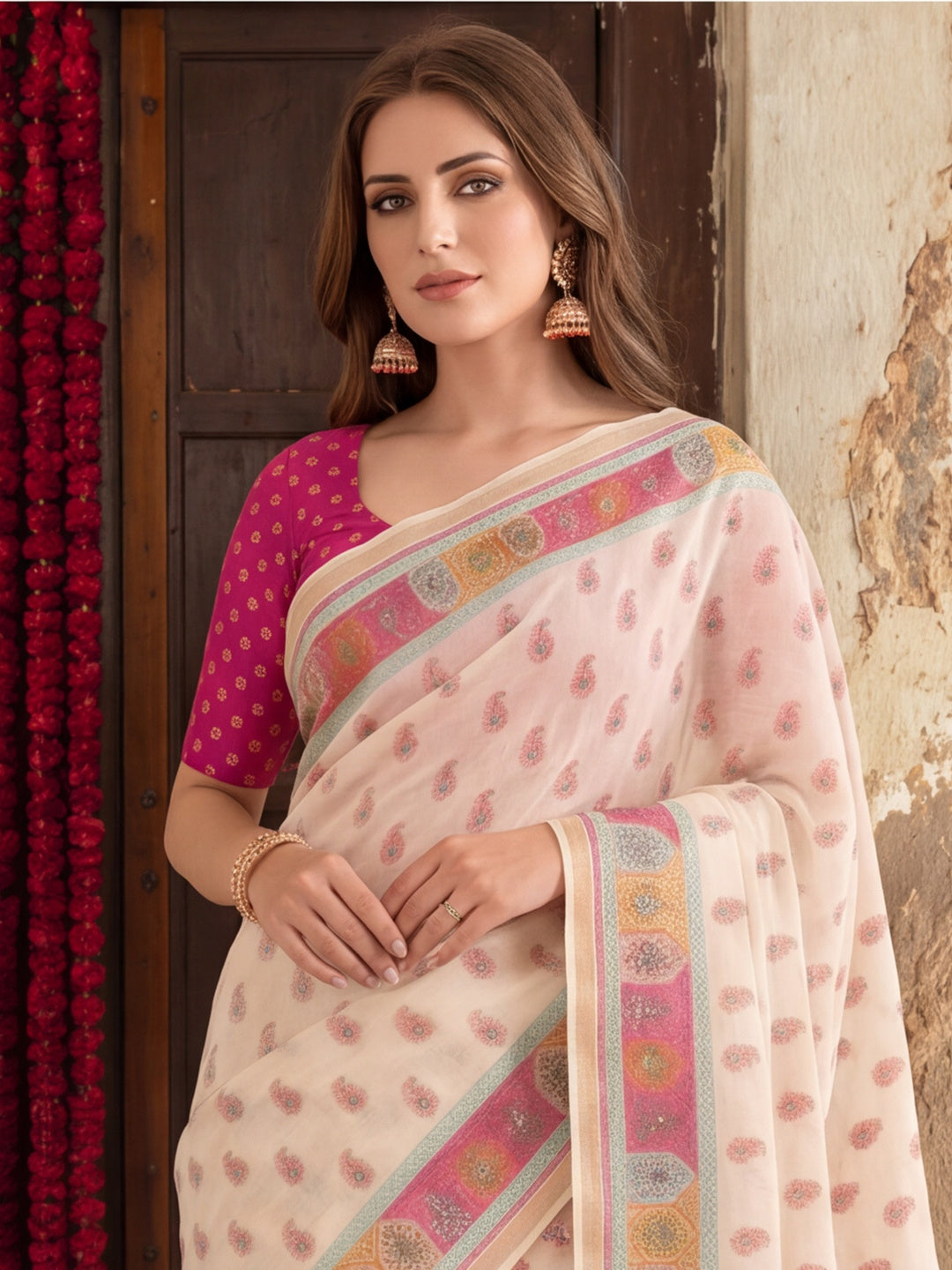 Premium Linen Silk Digital Printed And Hardwork Saree  With Unstitched Blouse Piece