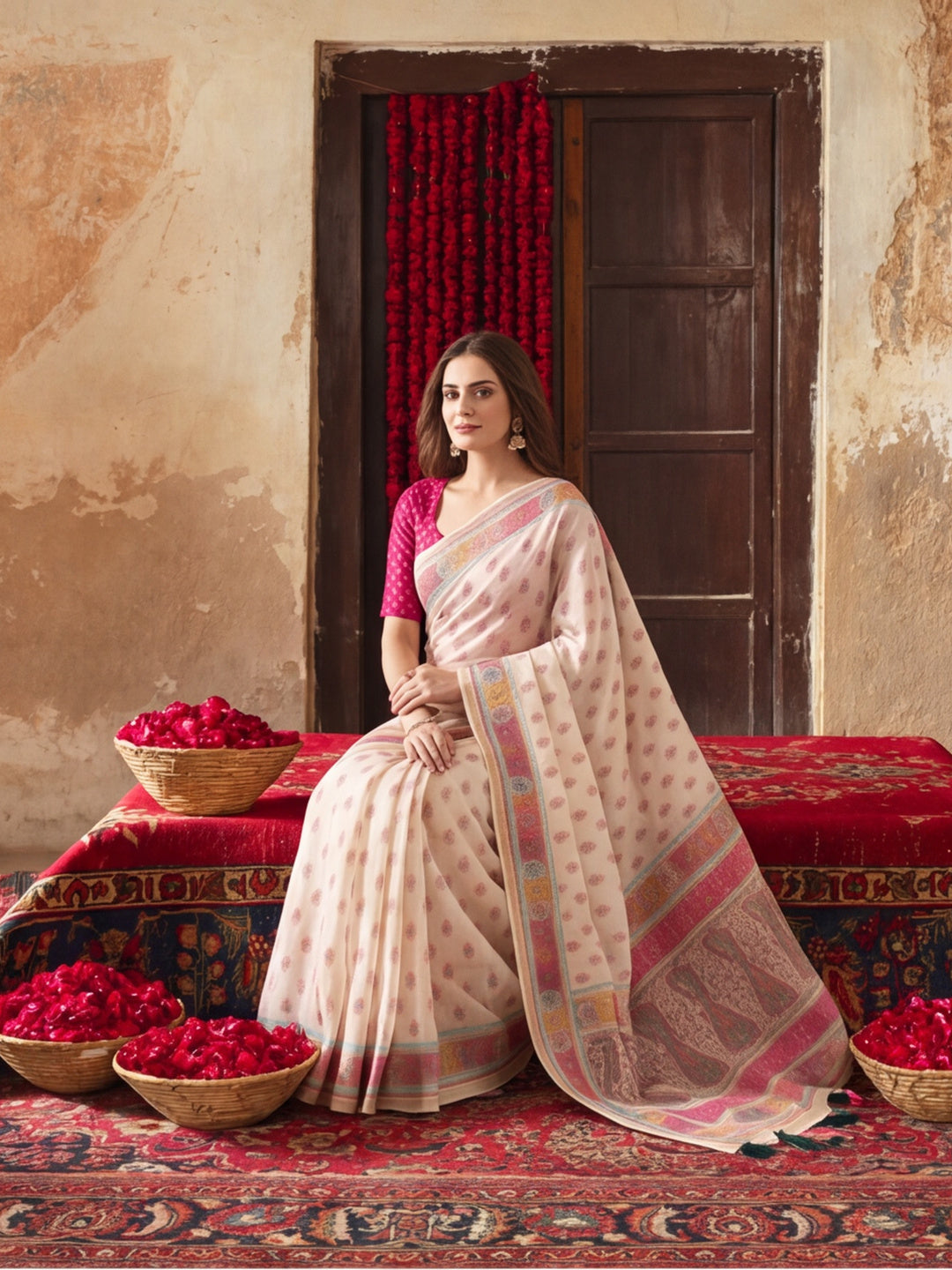Premium Linen Silk Digital Printed And Hardwork Saree  With Unstitched Blouse Piece