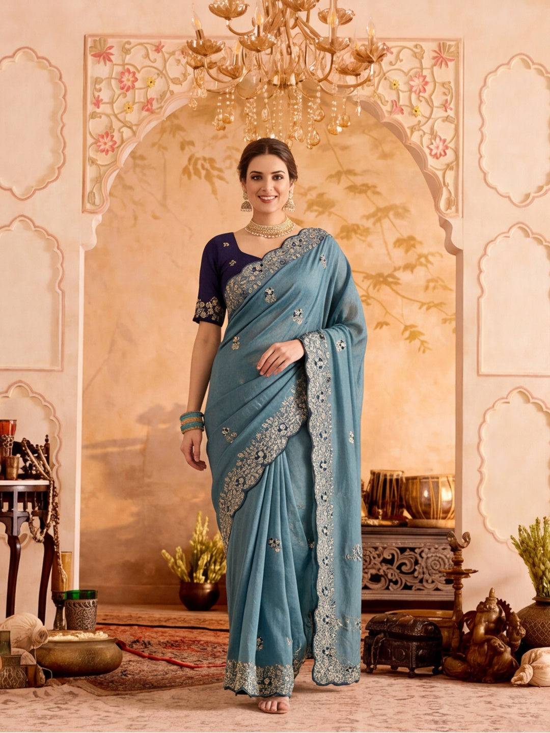 Soft Vichitra Silk  Embroidery Sequence Thread Work Saree With Unstitched Blouse Piece