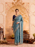 Soft Vichitra Silk  Embroidery Sequence Thread Work Saree With Unstitched Blouse Piece
