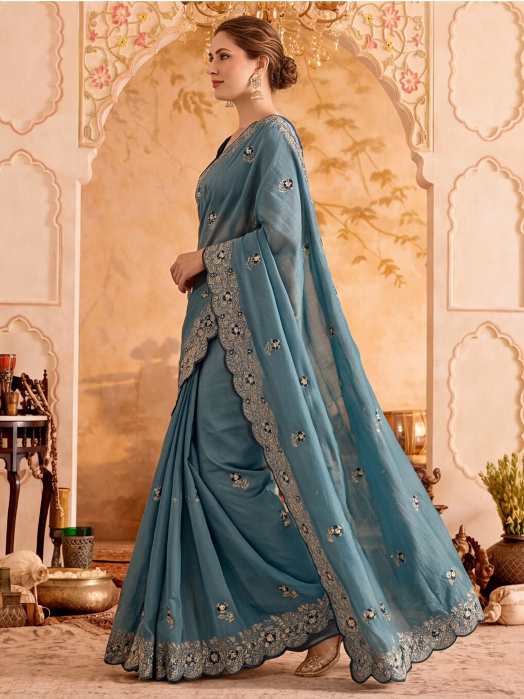 Soft Vichitra Silk  Embroidery Sequence Thread Work Saree With Unstitched Blouse Piece