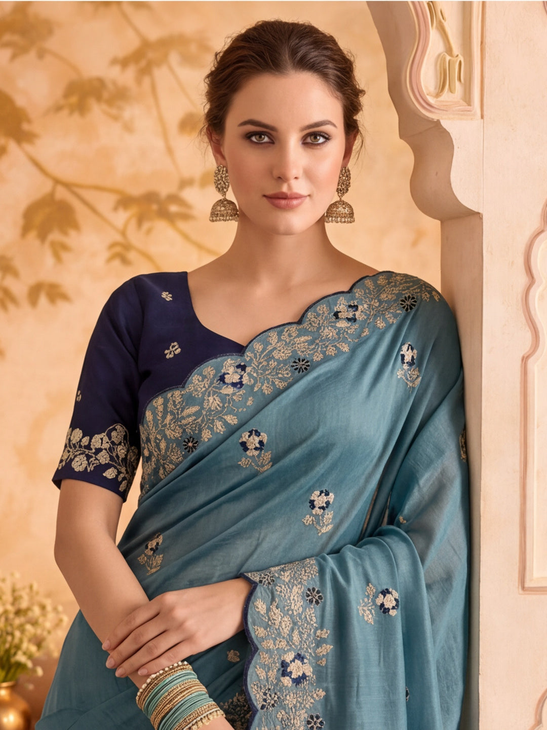 Soft Vichitra Silk  Embroidery Sequence Thread Work Saree With Unstitched Blouse Piece