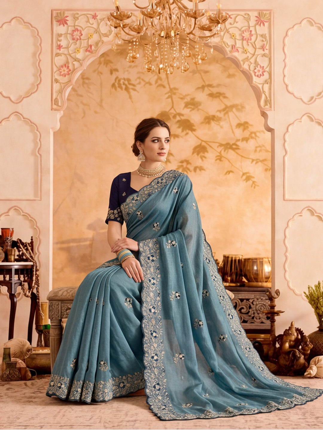 Soft Vichitra Silk  Embroidery Sequence Thread Work Saree With Unstitched Blouse Piece