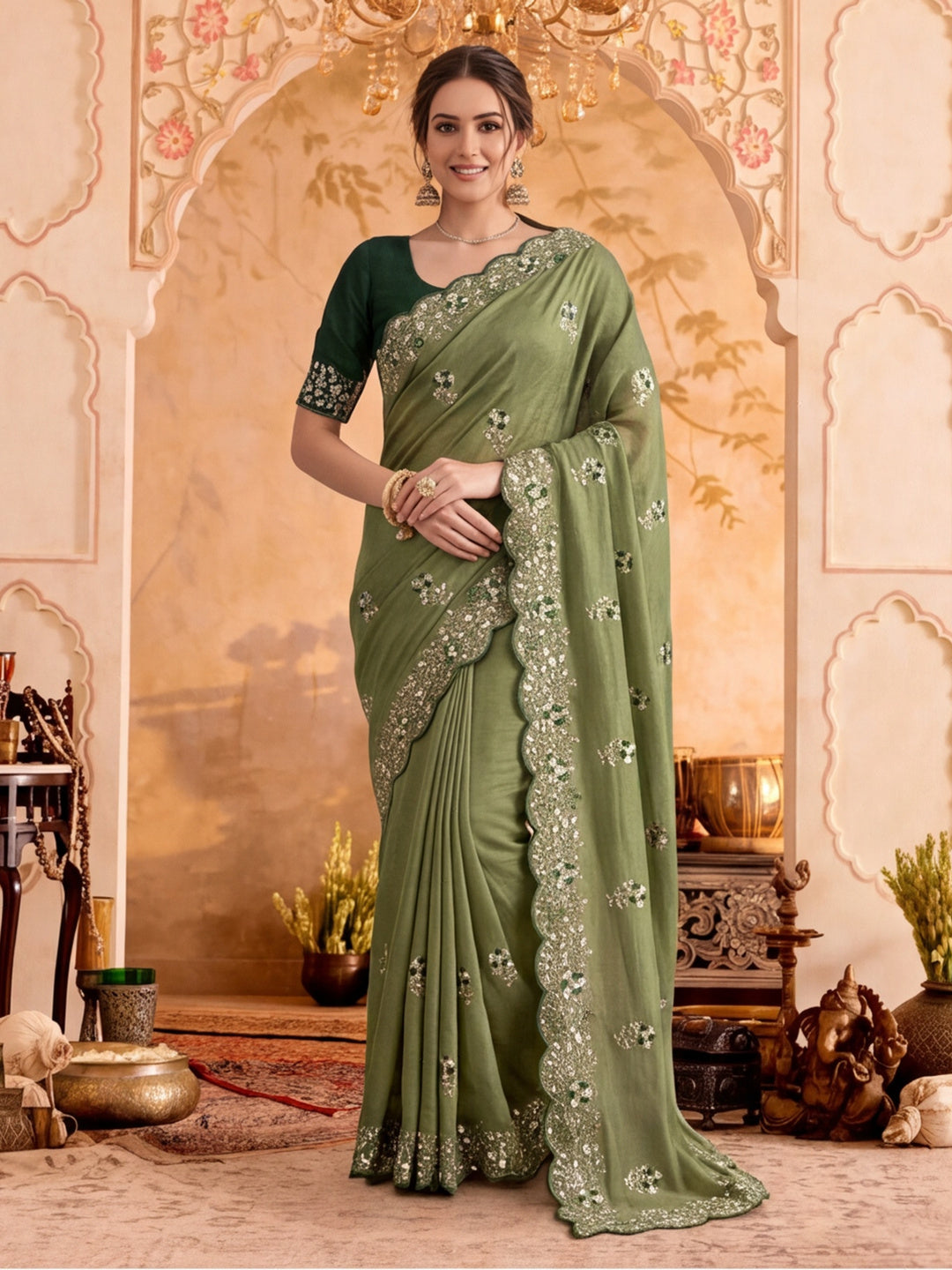 Soft Vichitra Silk  Embroidery Sequence Thread Work Saree With Unstitched Blouse Piece