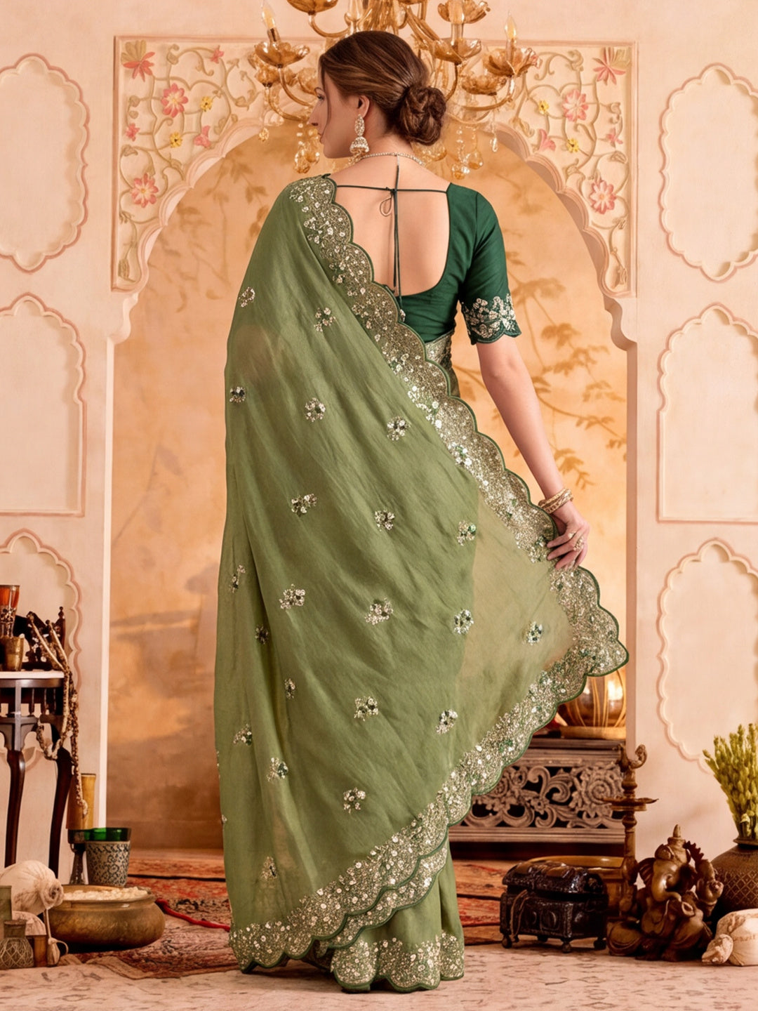 Soft Vichitra Silk  Embroidery Sequence Thread Work Saree With Unstitched Blouse Piece