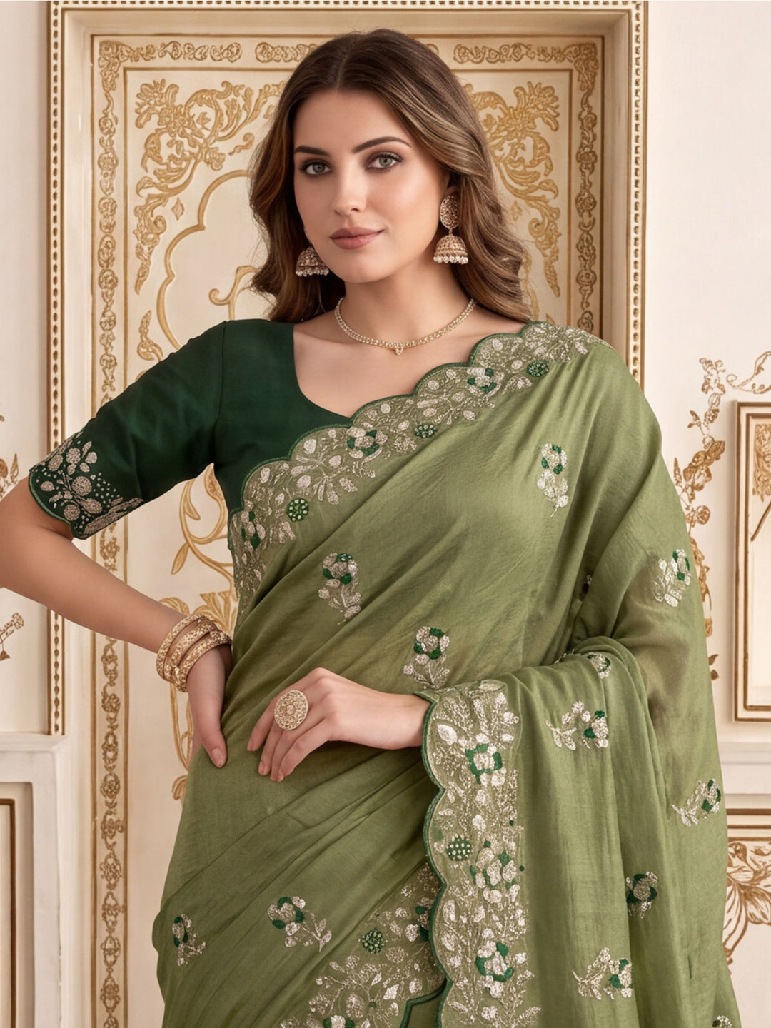 Soft Vichitra Silk  Embroidery Sequence Thread Work Saree With Unstitched Blouse Piece