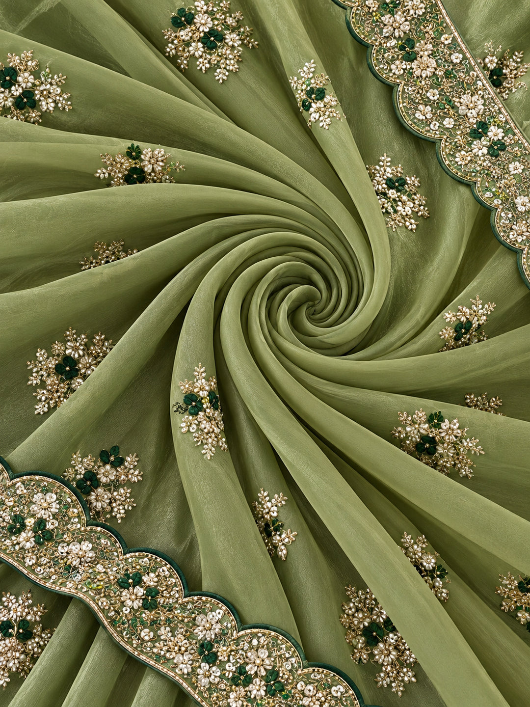 Soft Vichitra Silk  Embroidery Sequence Thread Work Saree With Unstitched Blouse Piece