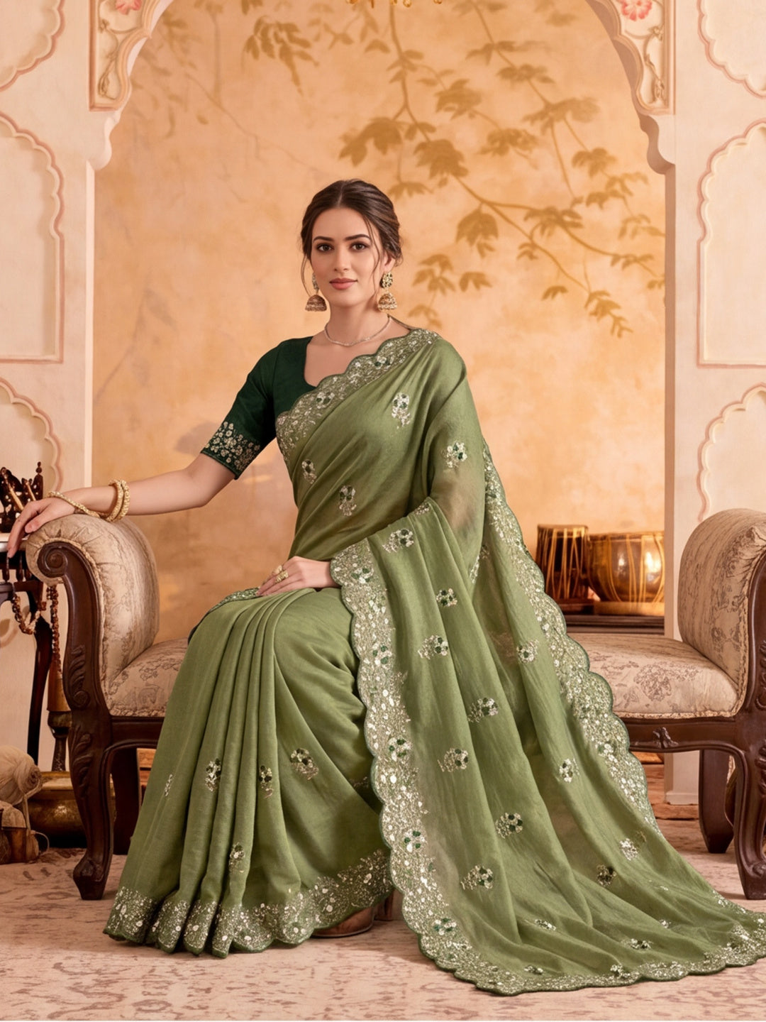 Soft Vichitra Silk  Embroidery Sequence Thread Work Saree With Unstitched Blouse Piece