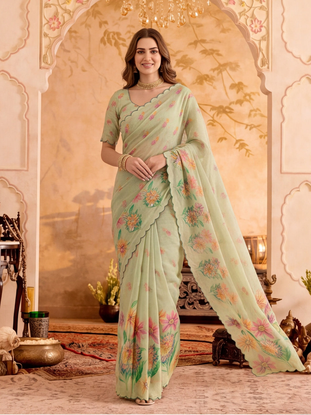 Premium Linen Silk Digital Printed And Khatli Work Saree With Unstitched Blouse Piece