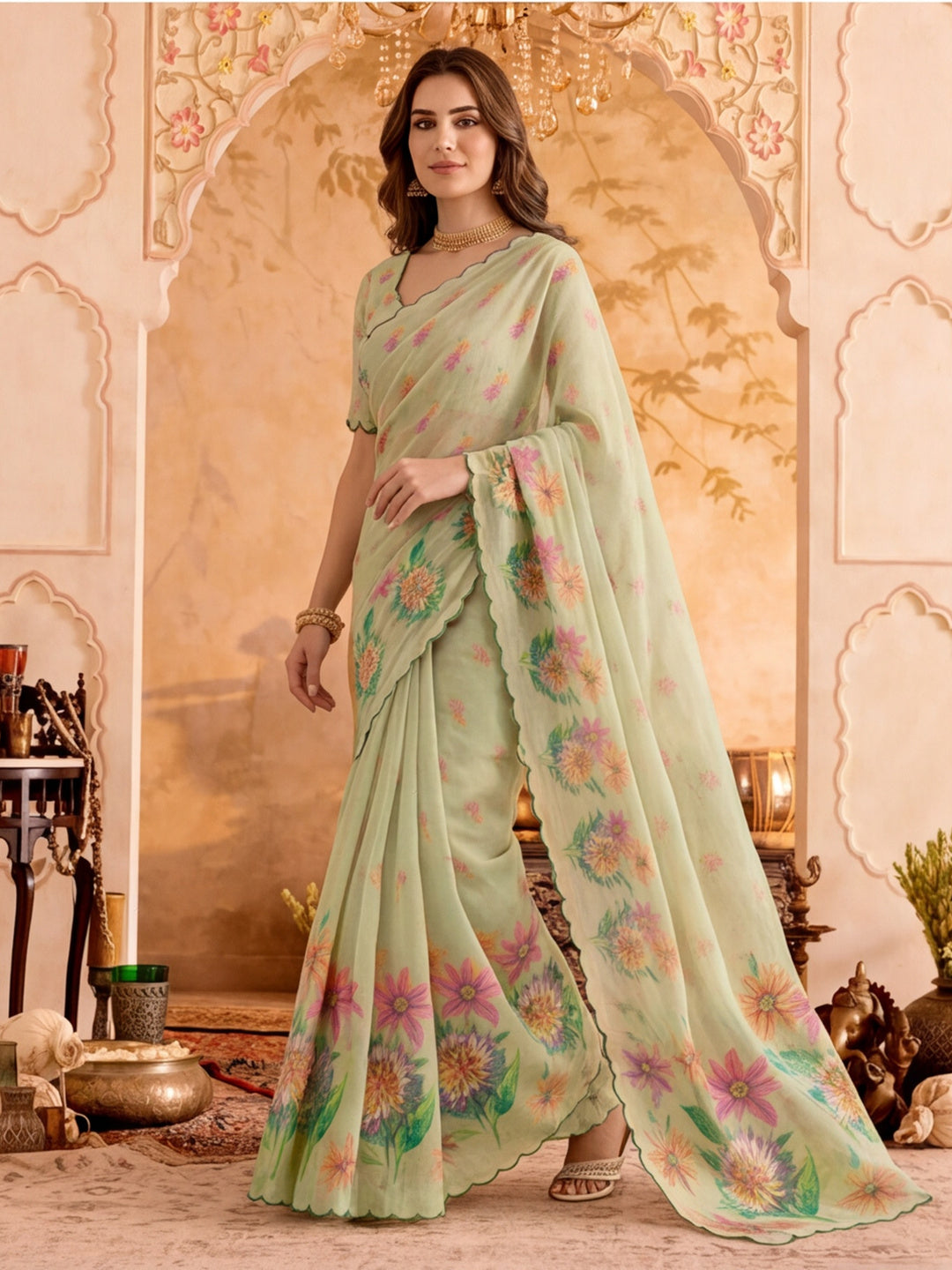 Premium Linen Silk Digital Printed And Khatli Work Saree With Unstitched Blouse Piece