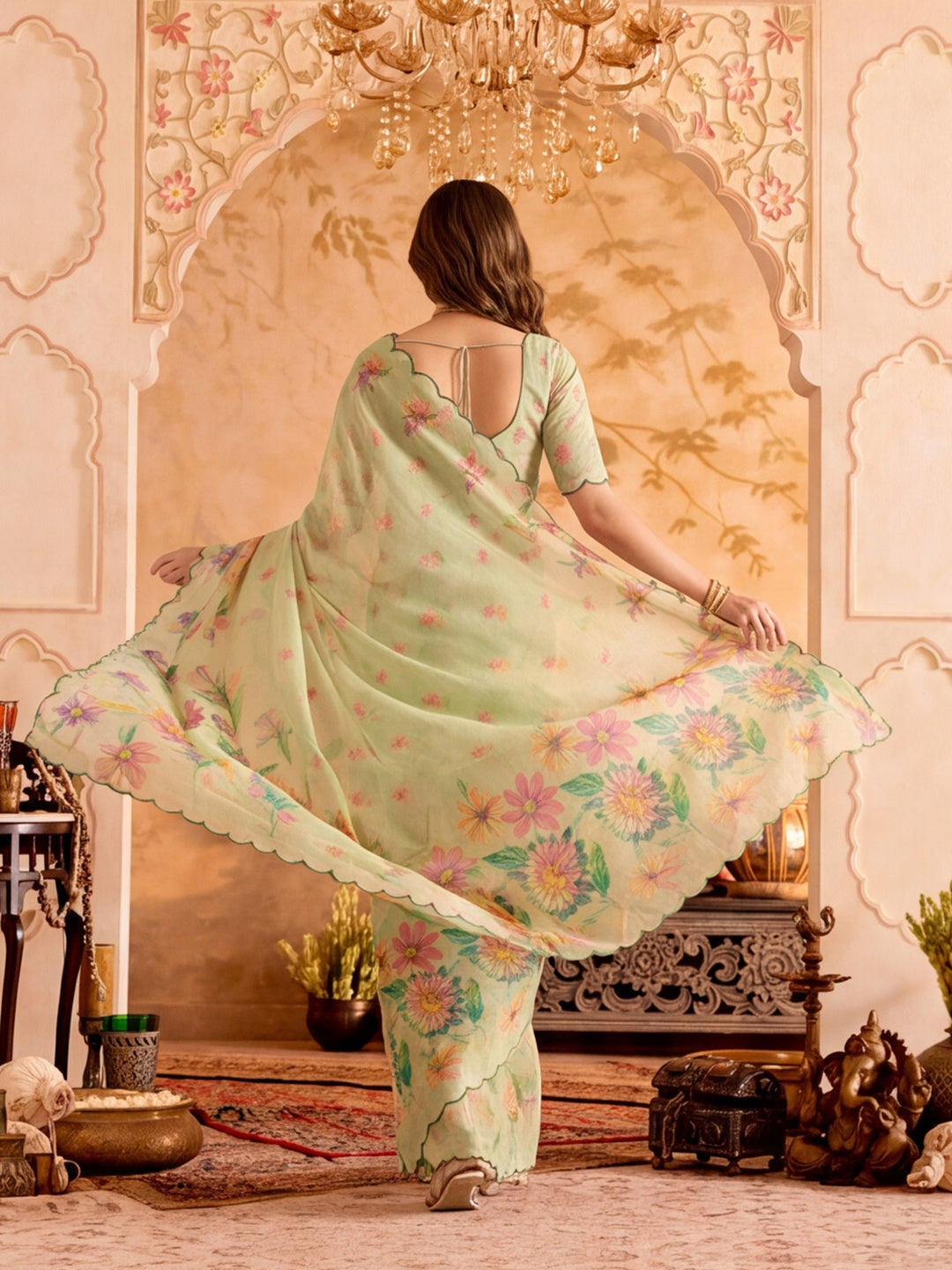 Premium Linen Silk Digital Printed And Khatli Work Saree With Unstitched Blouse Piece