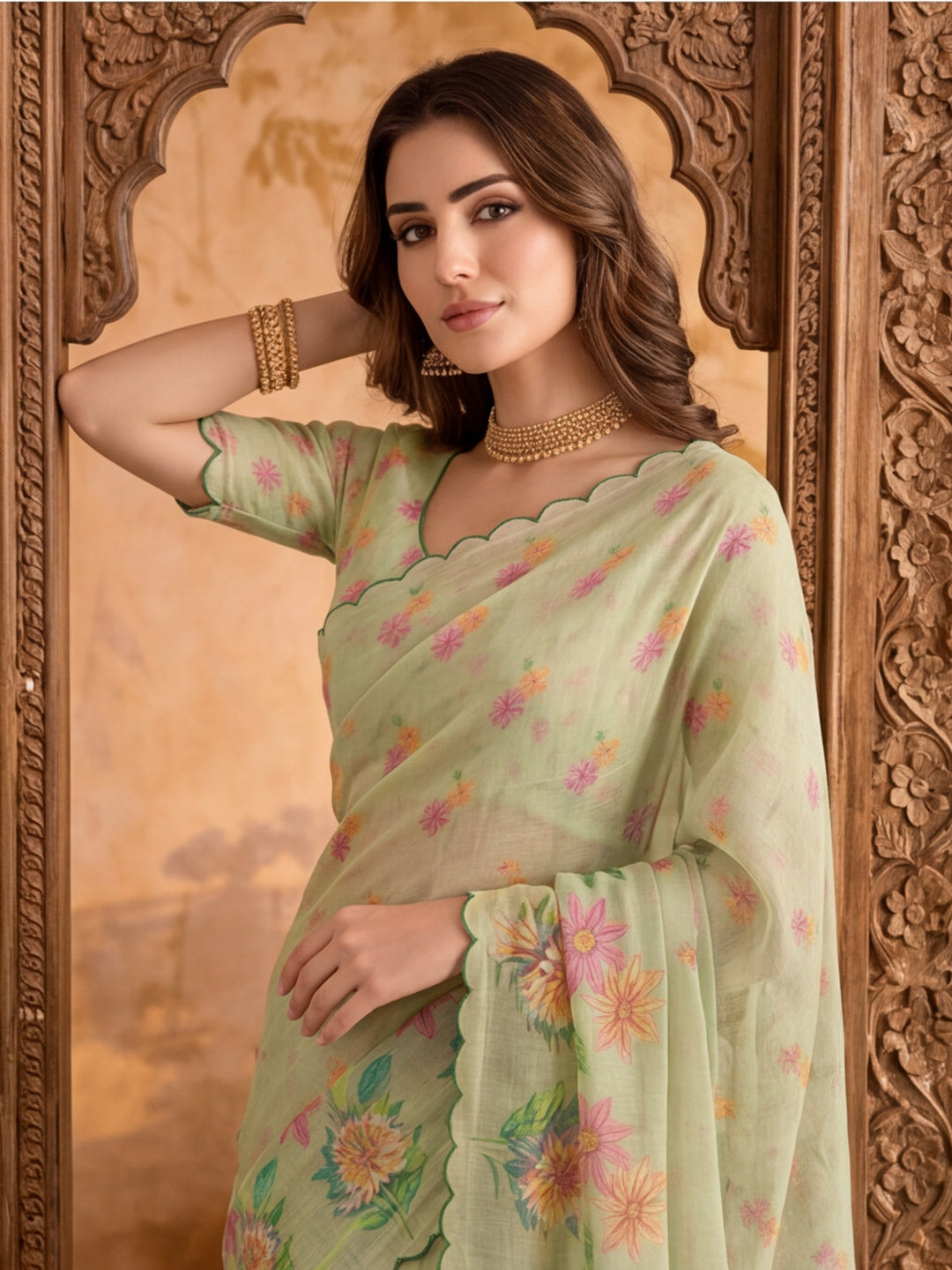 Premium Linen Silk Digital Printed And Khatli Work Saree With Unstitched Blouse Piece