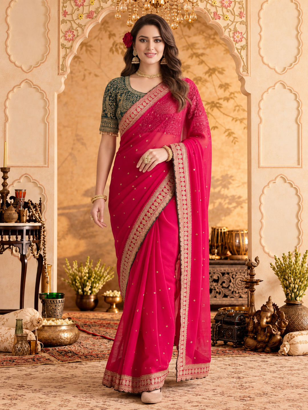 Silk Embroidery Sequence Work Saree With Multi Arco Border With Unstitched Blouse Piece