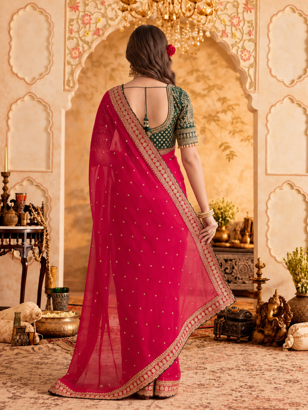 Silk Embroidery Sequence Work Saree With Multi Arco Border With Unstitched Blouse Piece