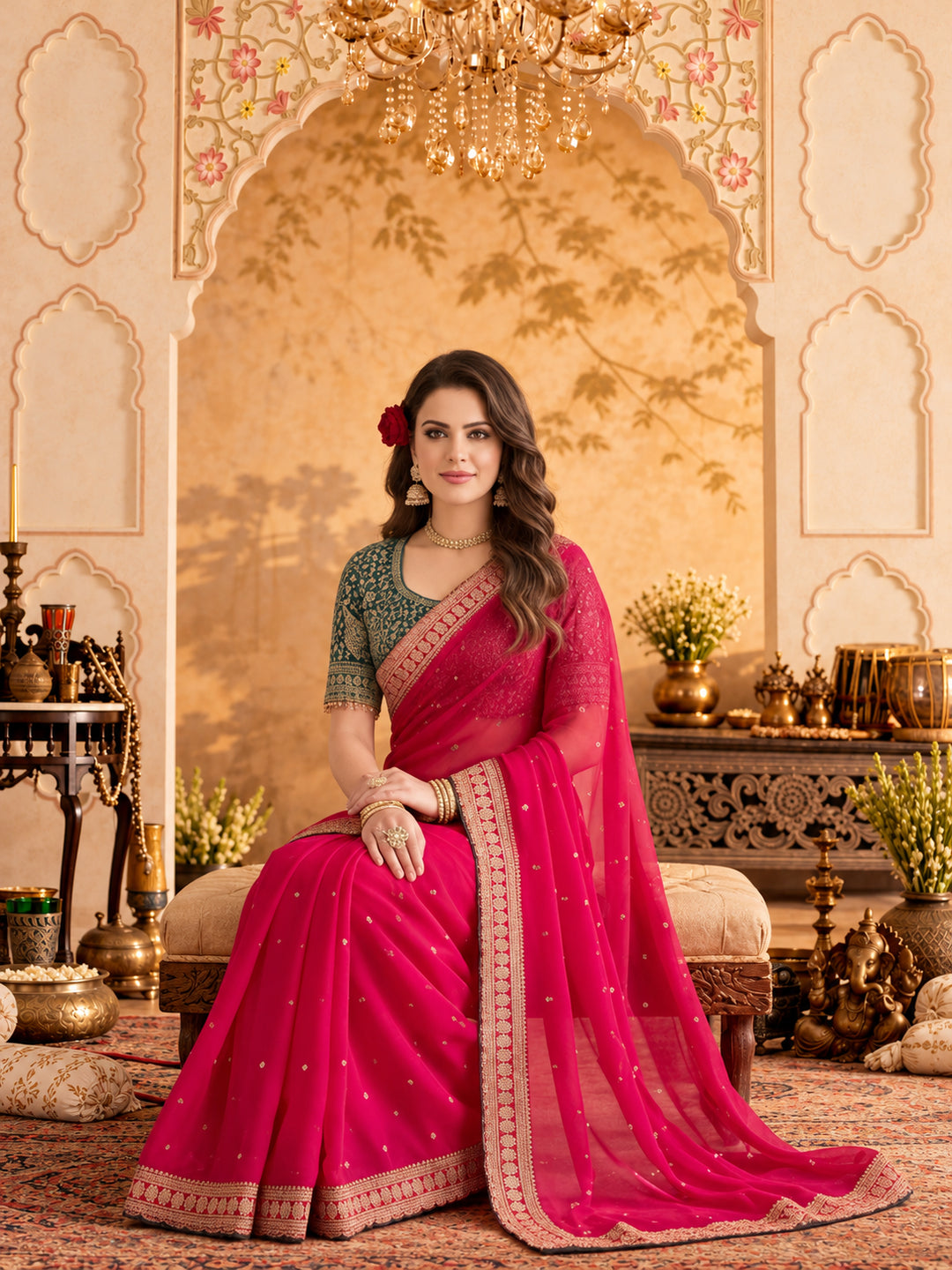 Silk Embroidery Sequence Work Saree With Multi Arco Border With Unstitched Blouse Piece