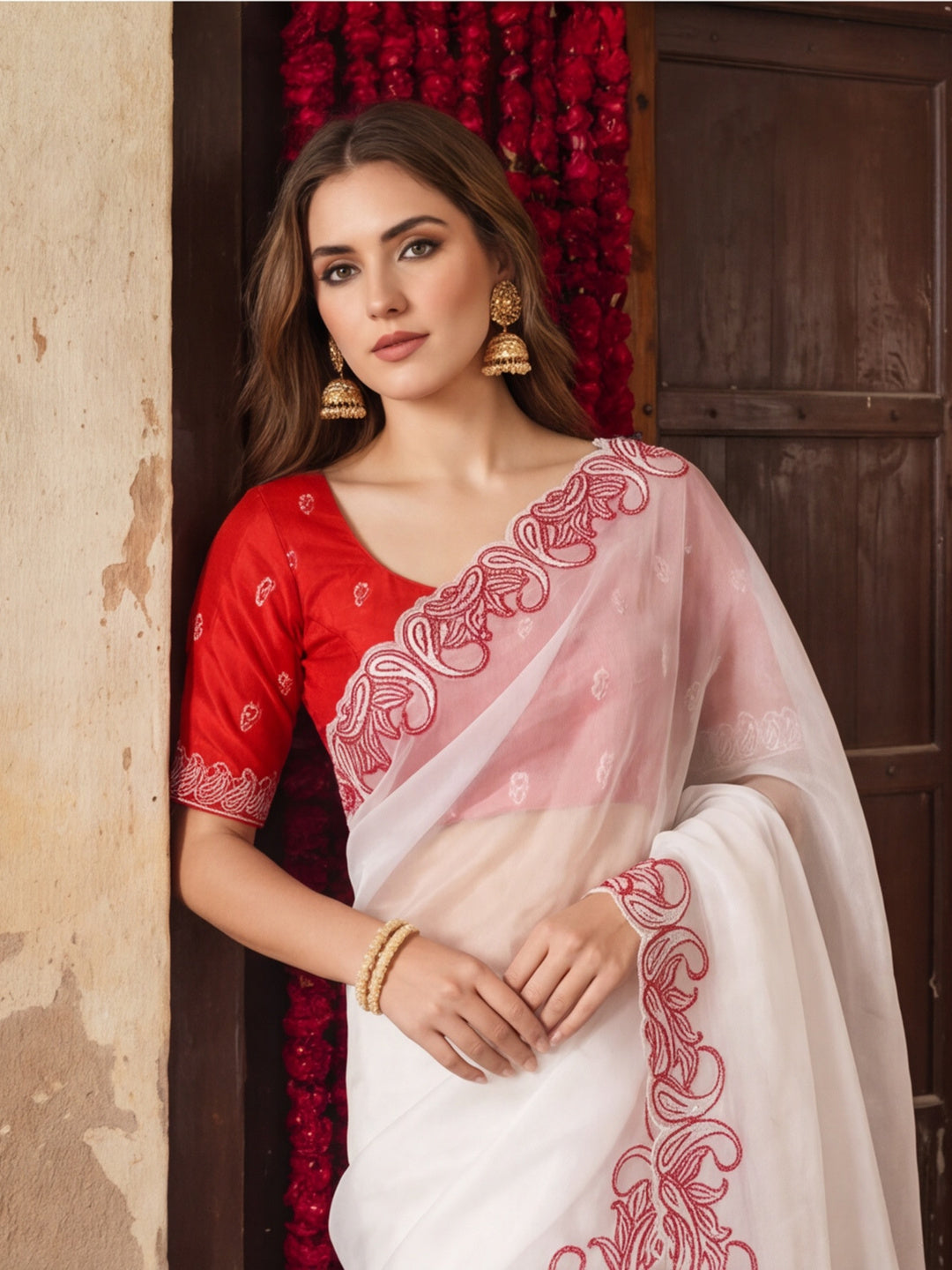 Designer Crunchy Silk Embroidery pallu Work Saree With Unstitched Blouse Piece