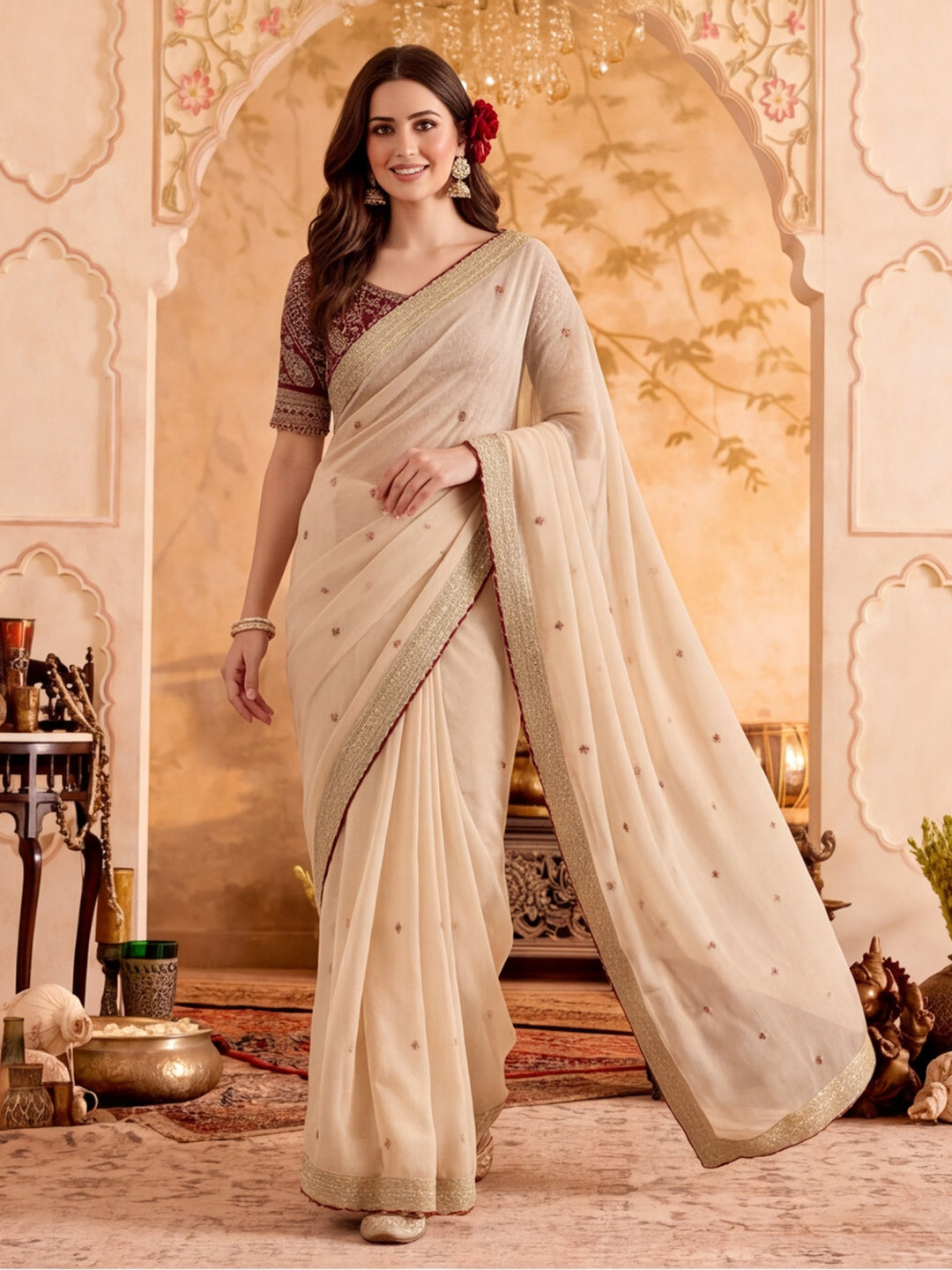 Silk Embroidery Sequence Work Saree With Multi Arco Border With Unstitched Blouse Piece