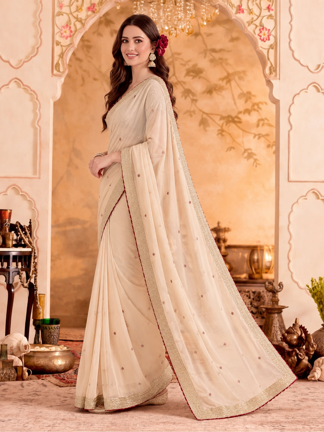 Silk Embroidery Sequence Work Saree With Multi Arco Border With Unstitched Blouse Piece