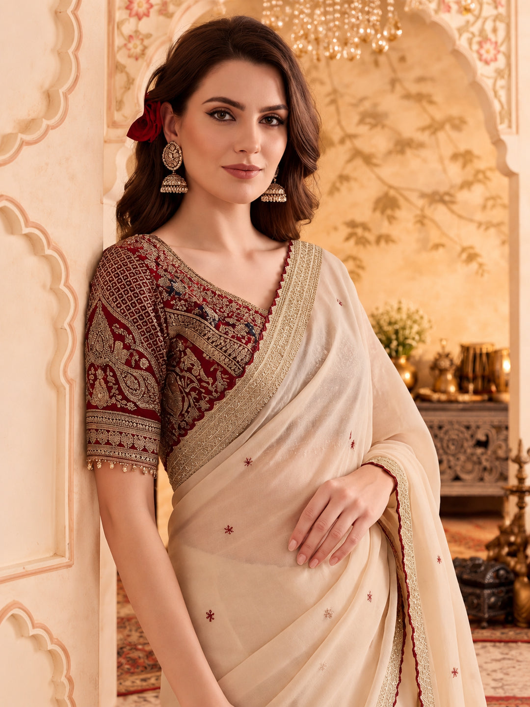 Silk Embroidery Sequence Work Saree With Multi Arco Border With Unstitched Blouse Piece