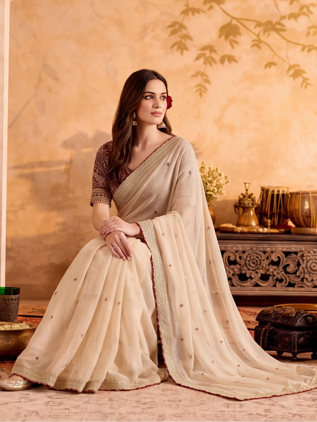 Silk Embroidery Sequence Work Saree With Multi Arco Border With Unstitched Blouse Piece