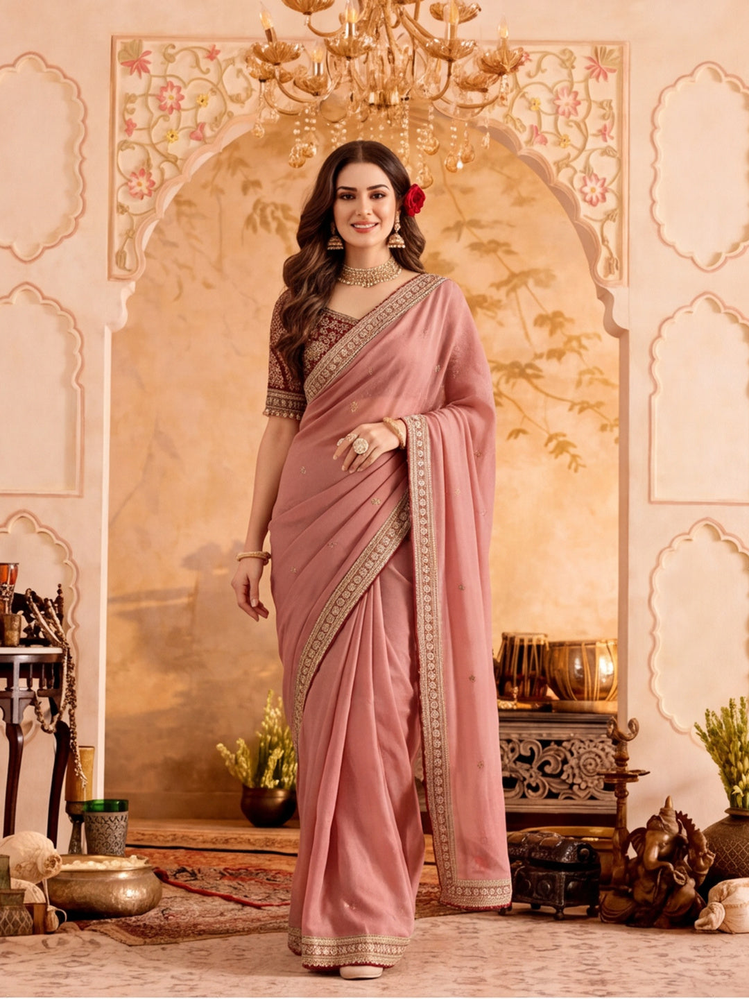 Silk Embroidery Sequence Work Saree With Multi Arco Border With Unstitched Blouse Piece