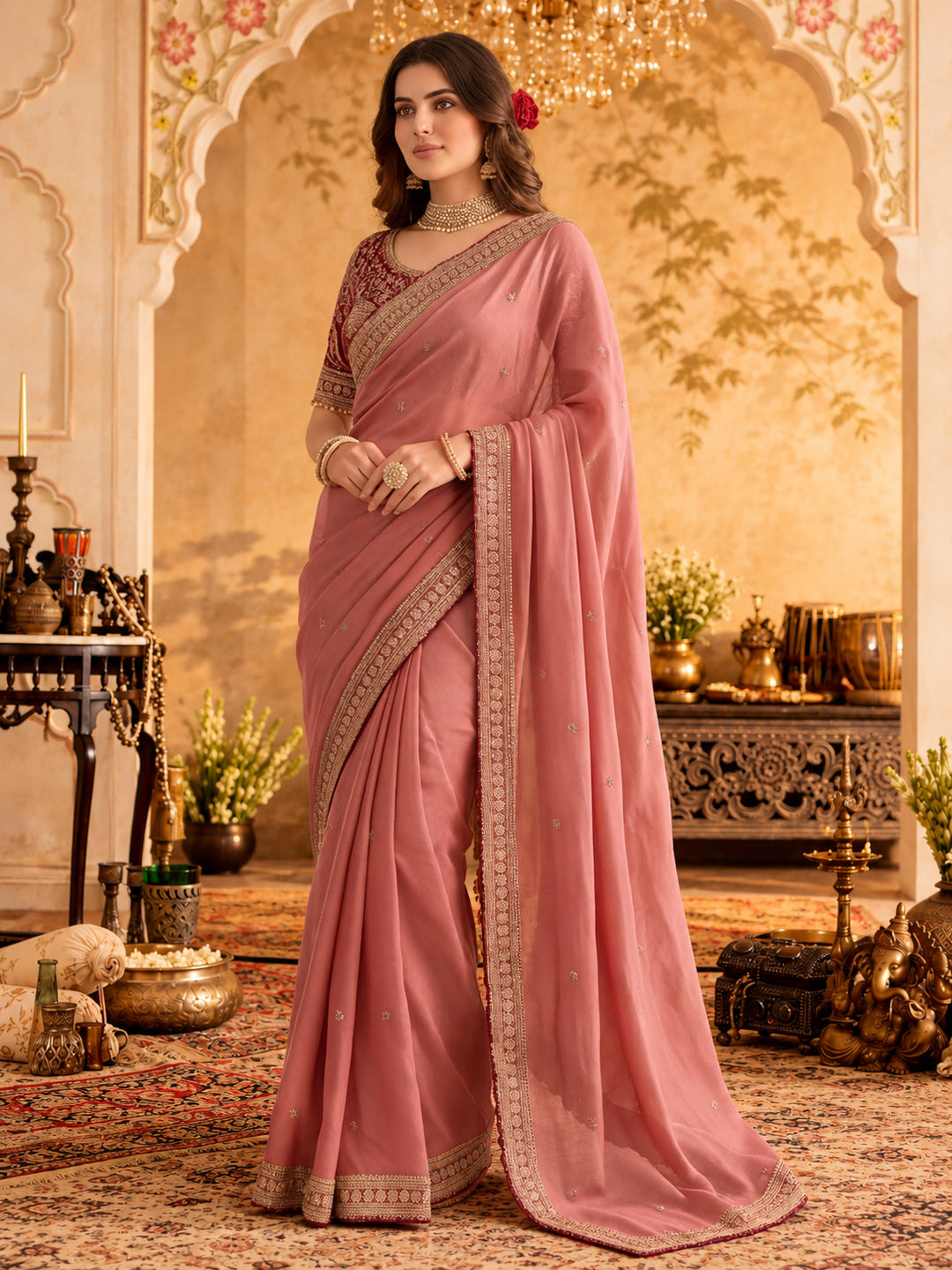 Silk Embroidery Sequence Work Saree With Multi Arco Border With Unstitched Blouse Piece