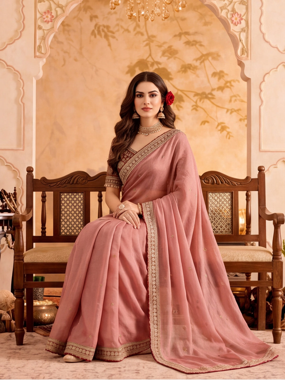 Silk Embroidery Sequence Work Saree With Multi Arco Border With Unstitched Blouse Piece