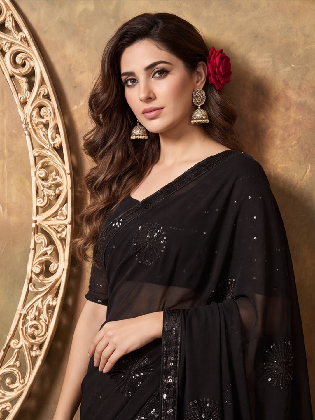 Premium Georgette Embroidery Sequence Work Saree With Unstitched Blouse Piece