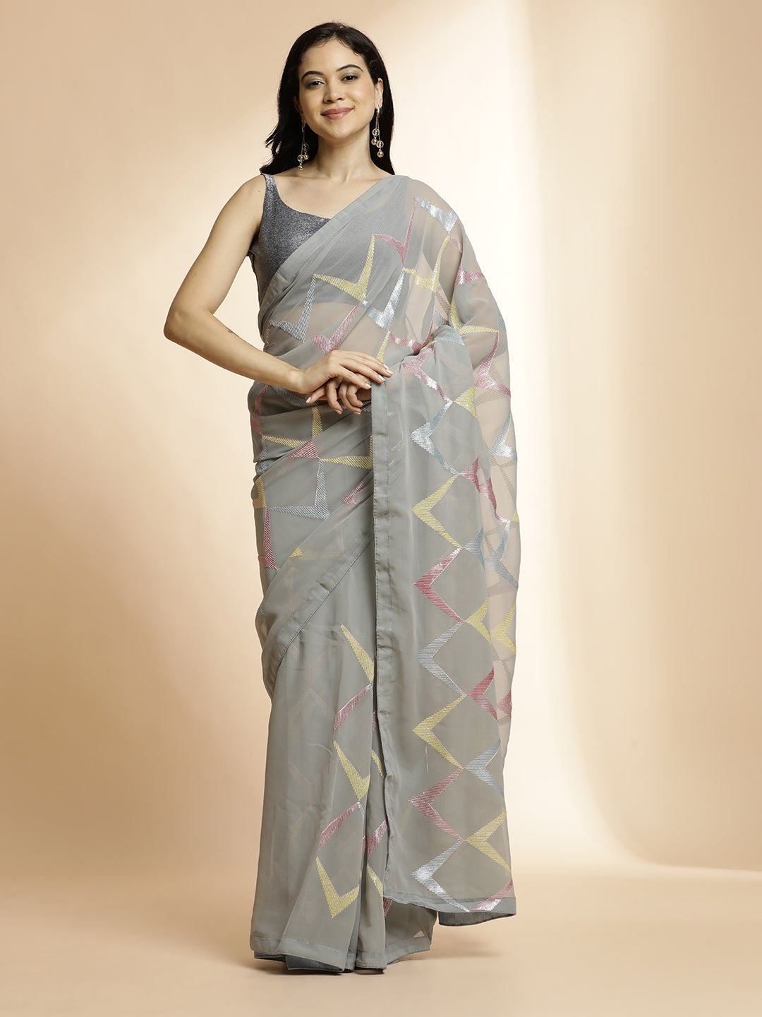 Pure Georgette Party Wear Sequin Work Grey Saree