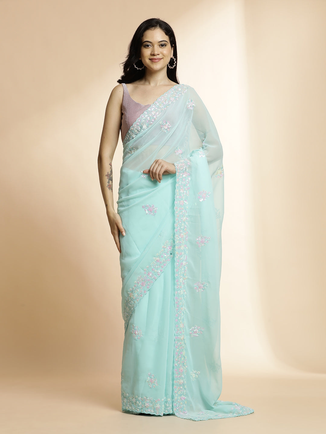 Pure Georgette Sequin Embroidered Sky Blue Saree