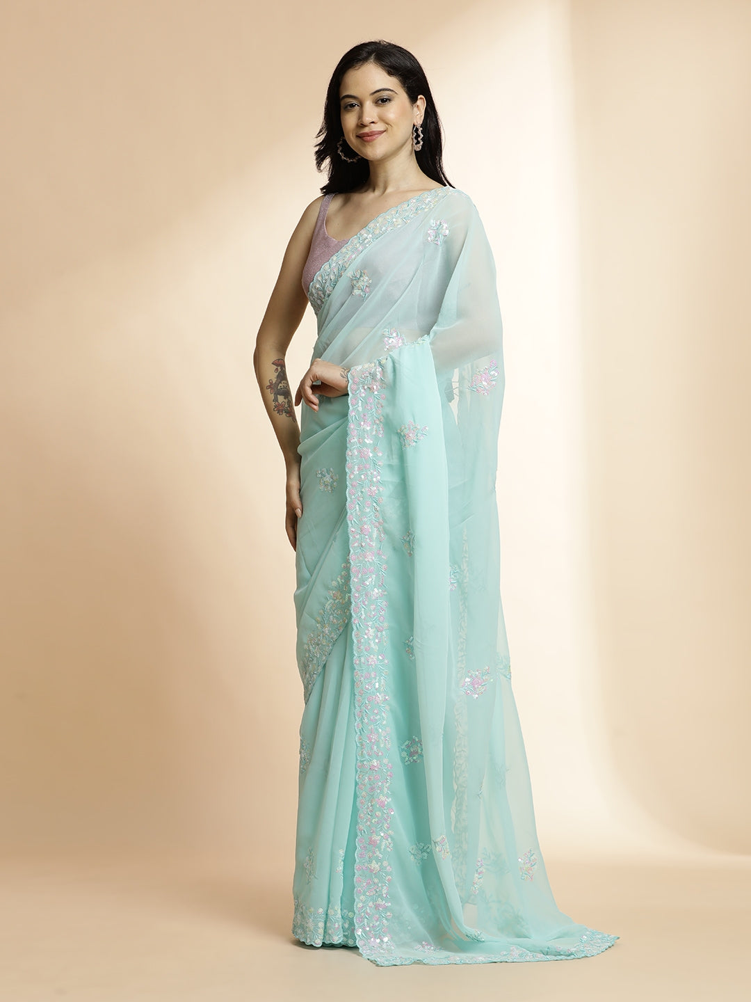 Pure Georgette Sequin Embroidered Sky Blue Saree