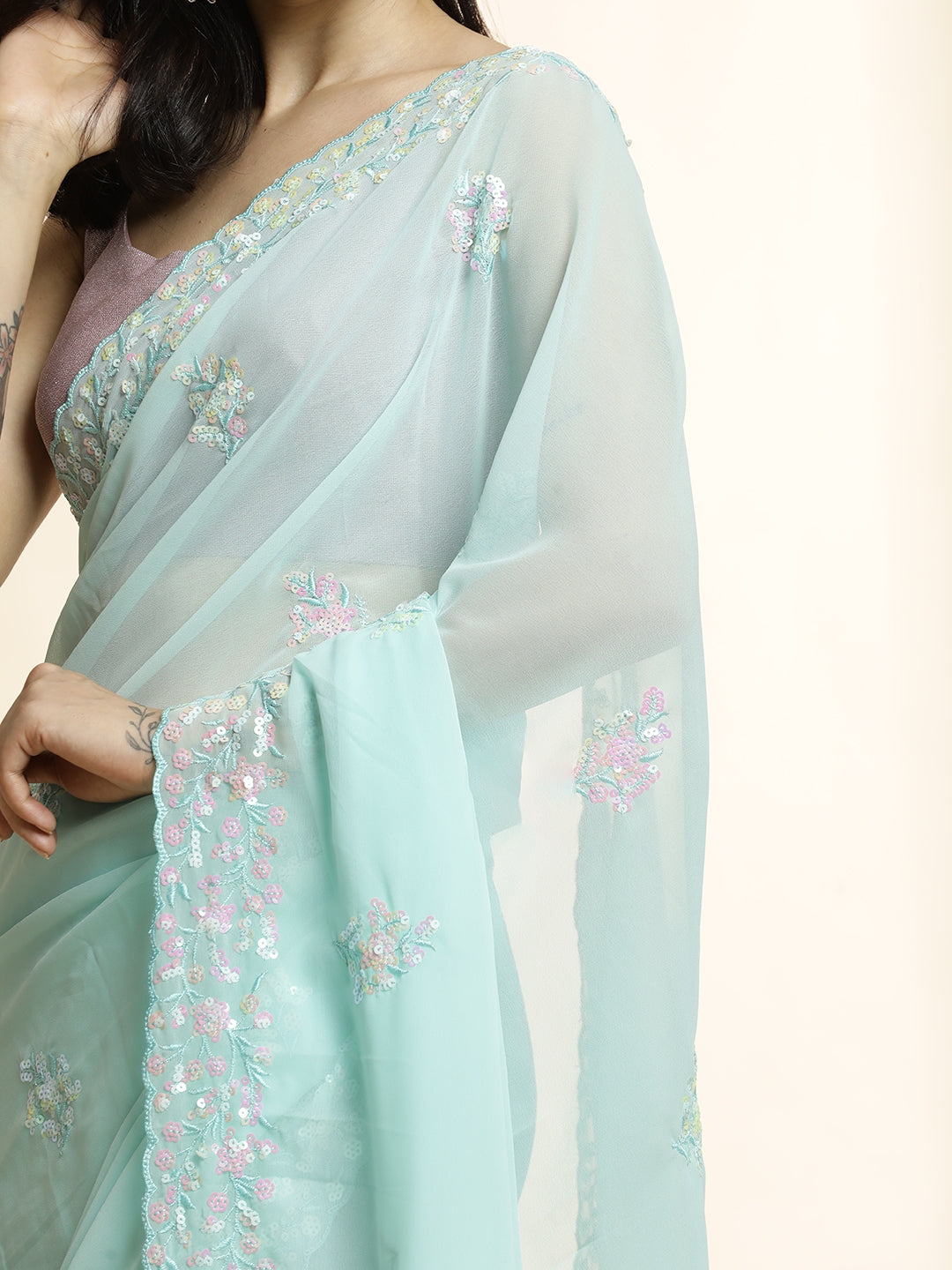 Pure Georgette Sequin Embroidered Sky Blue Saree