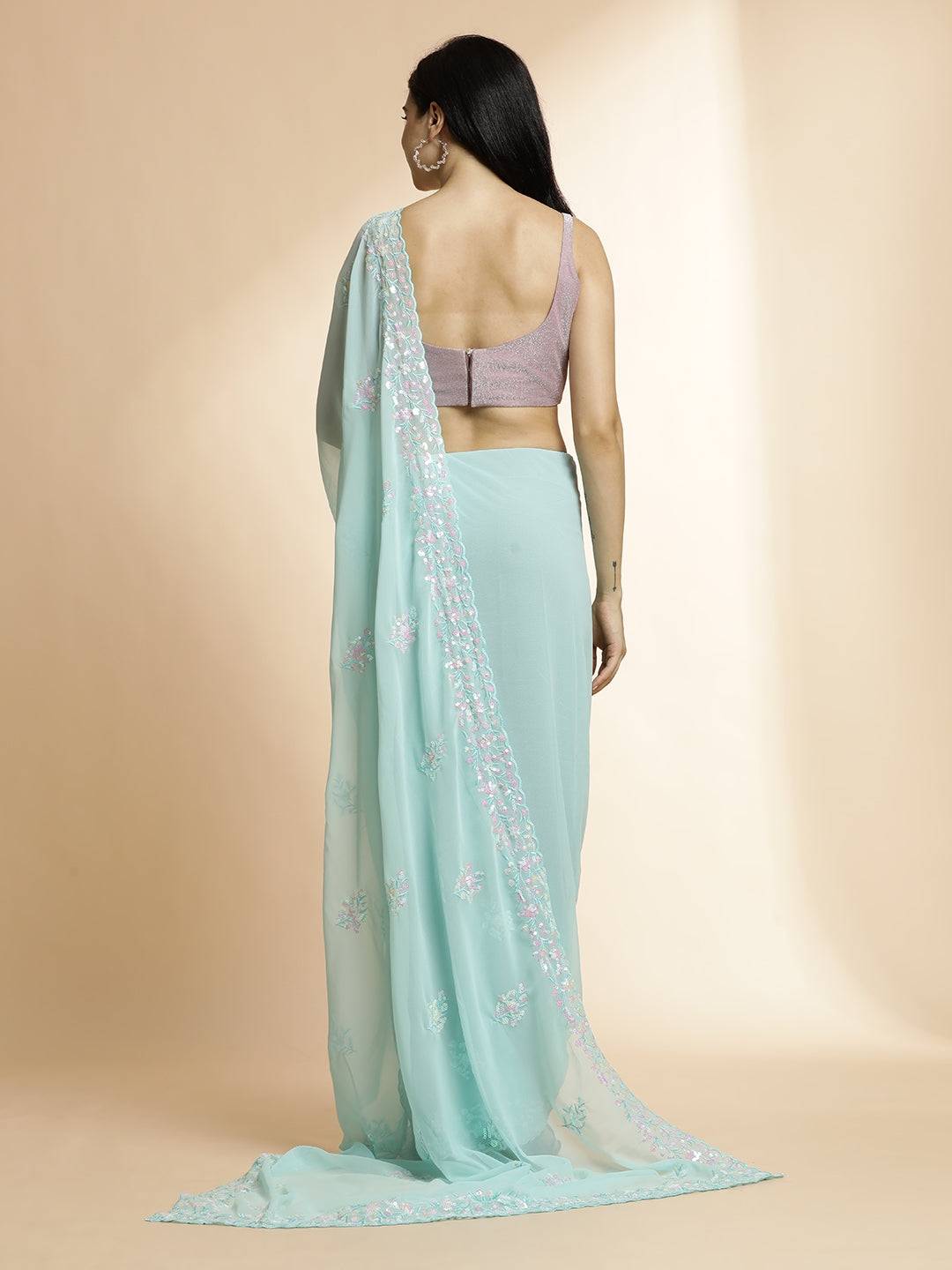 Pure Georgette Sequin Embroidered Sky Blue Saree