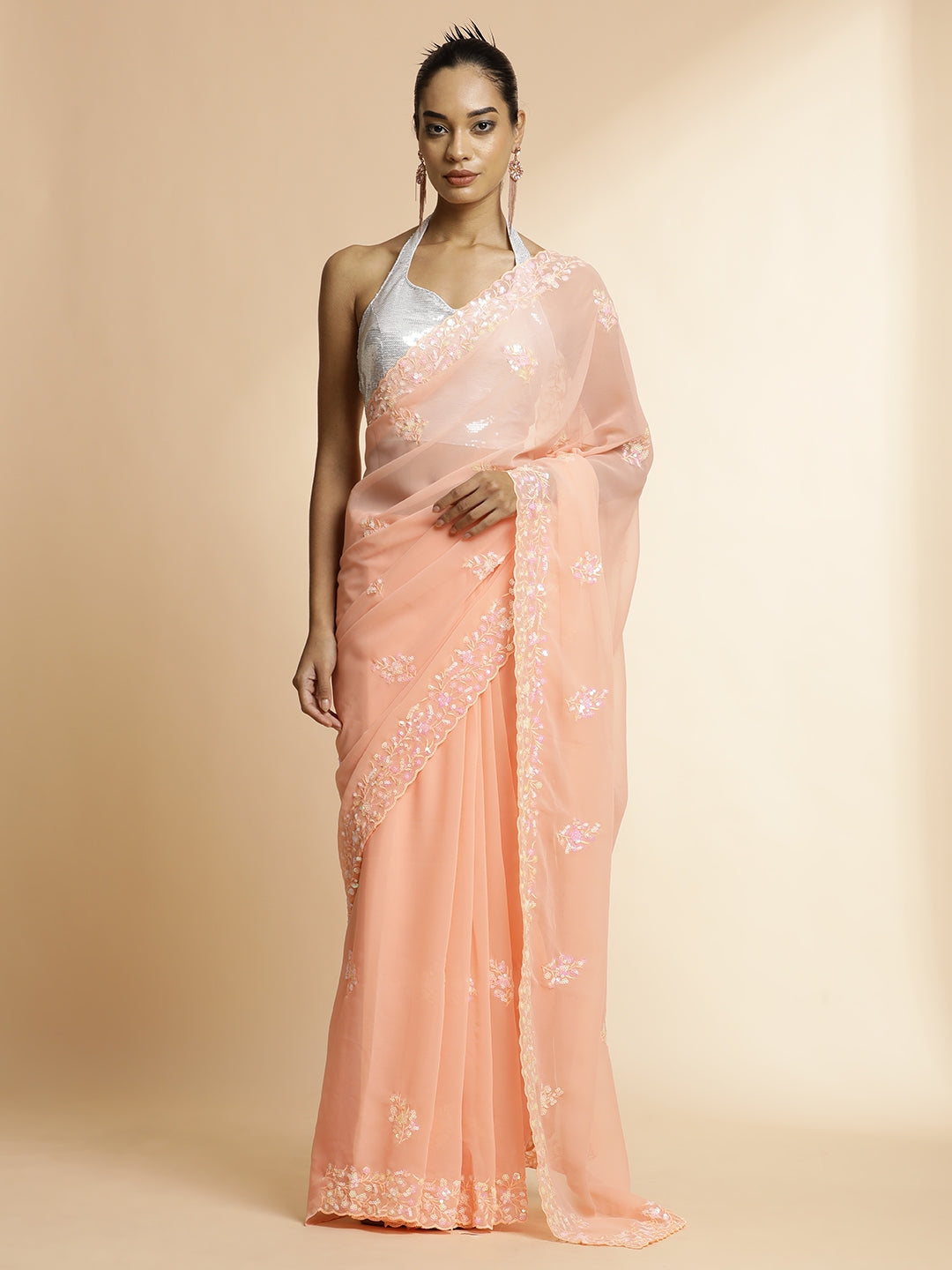 Pure Georgette Sequin Embroidered Light Orange Saree