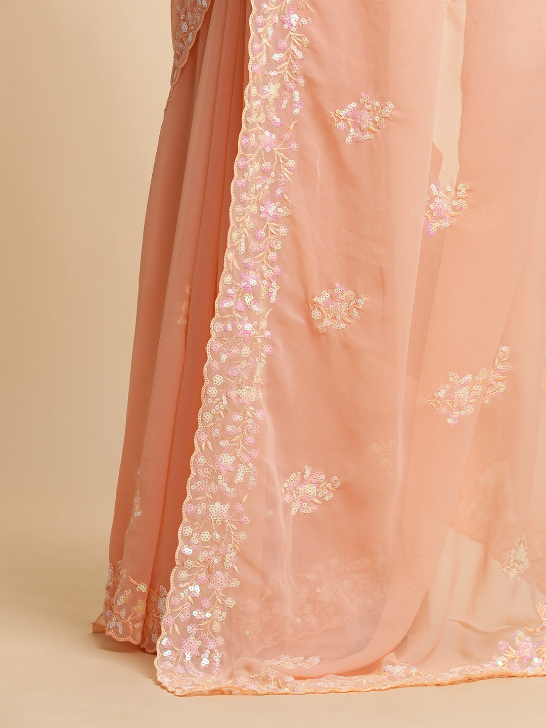 Pure Georgette Sequin Embroidered Light Orange Saree