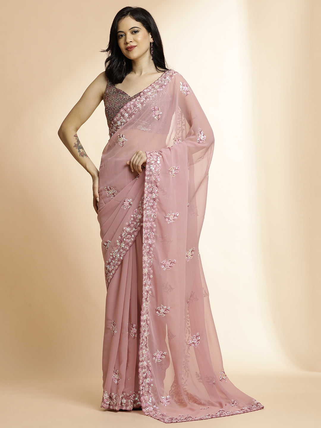 Pure Georgette Sequin Embroidered Pink Saree