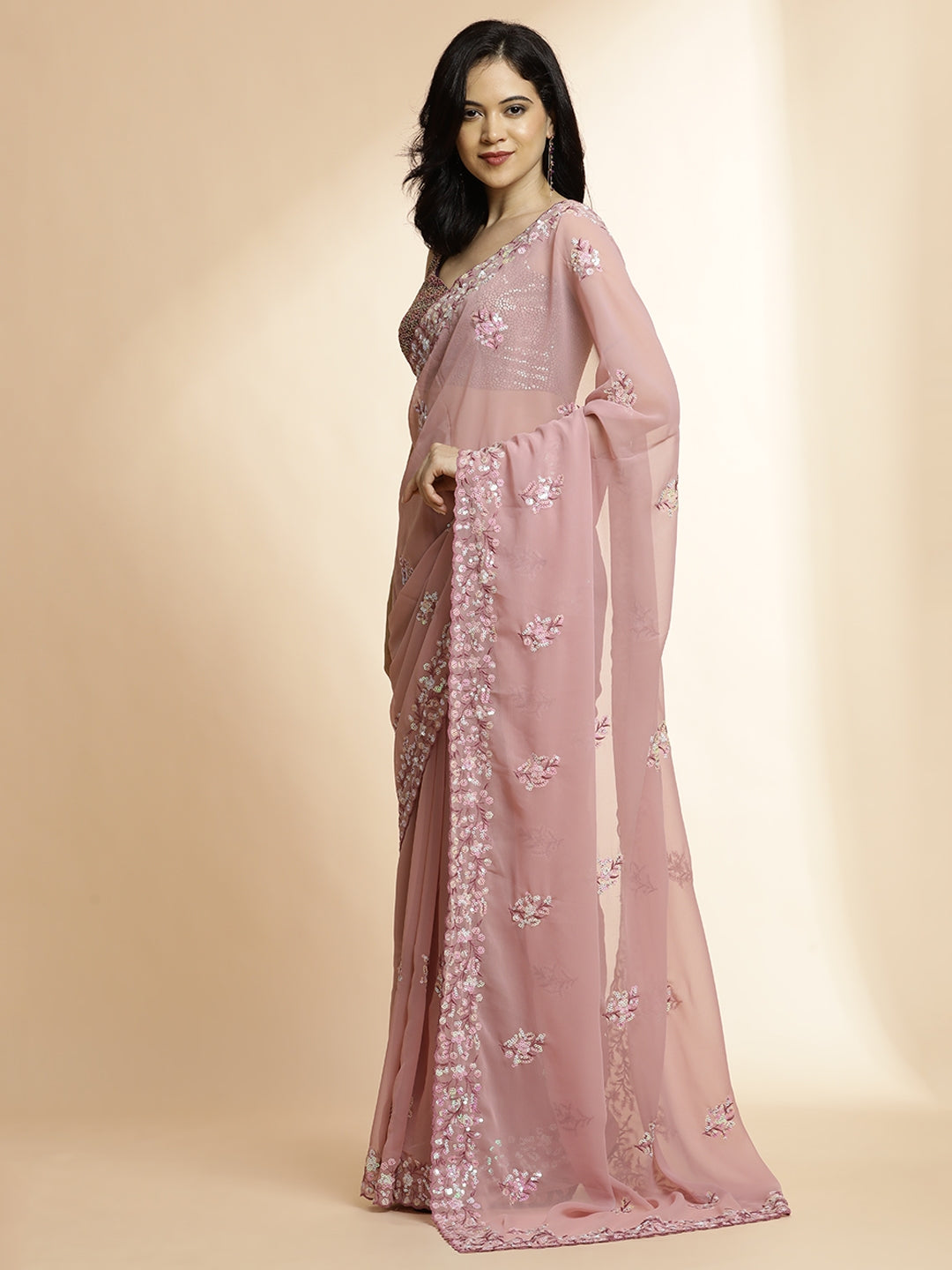 Pure Georgette Sequin Embroidered Pink Saree