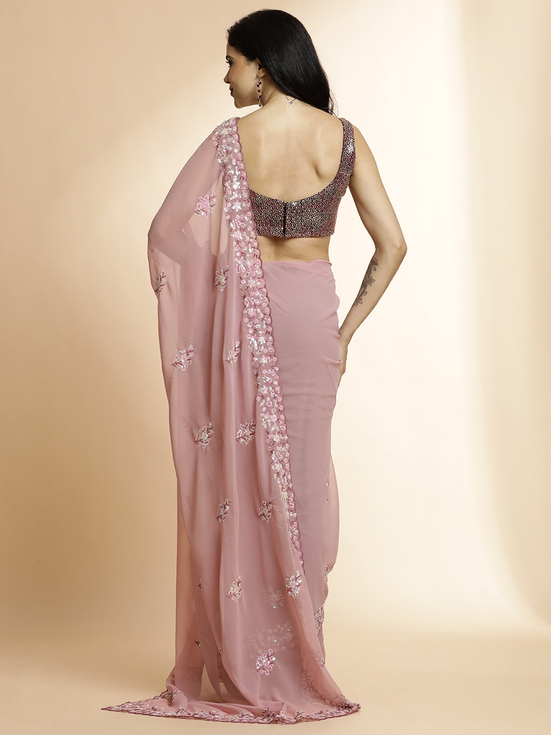 Pure Georgette Sequin Embroidered Pink Saree