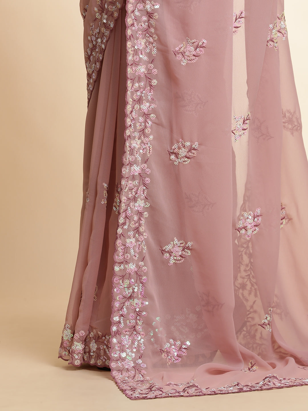 Pure Georgette Sequin Embroidered Pink Saree