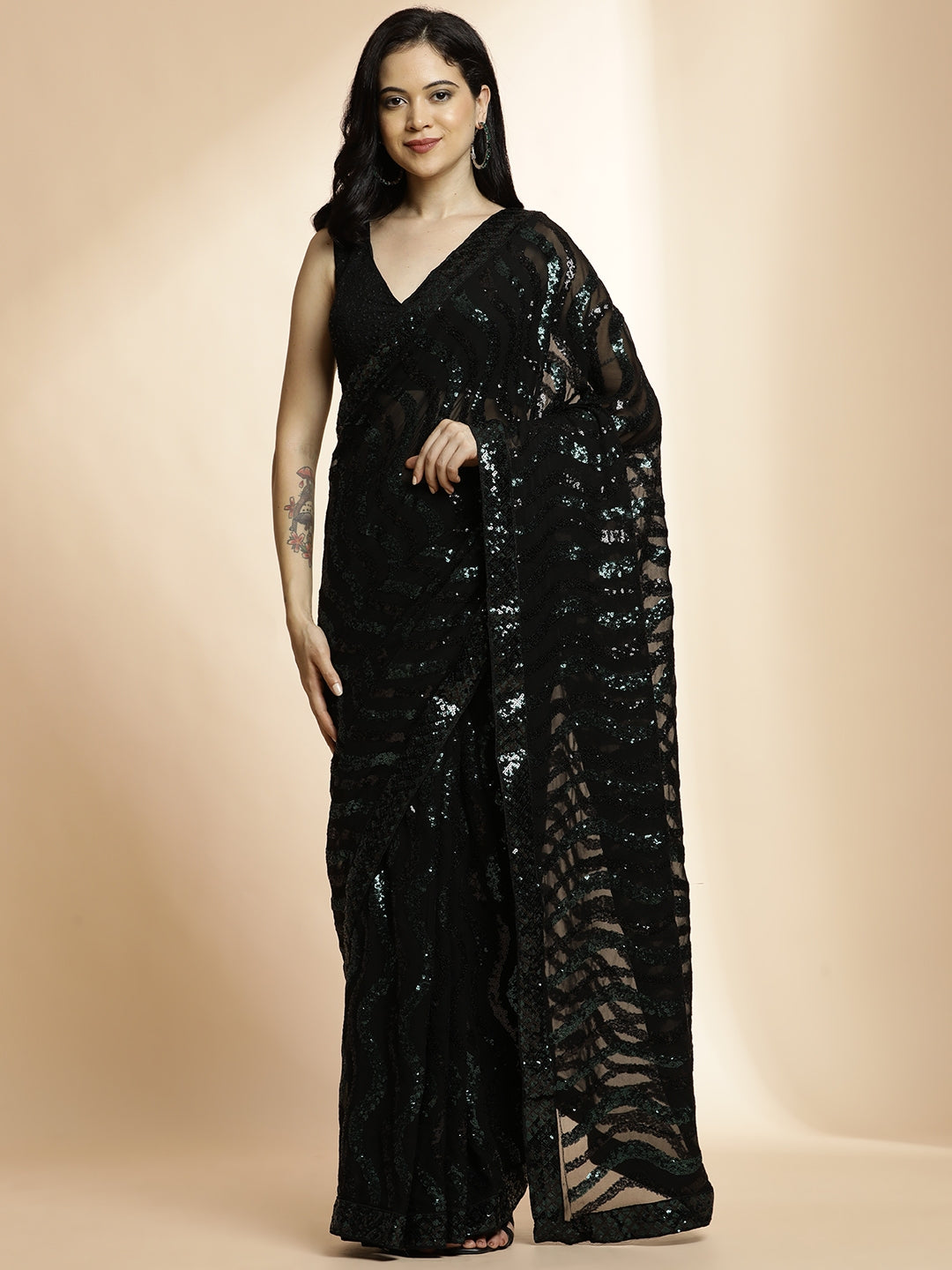 Pure Georgette Sequin Embroidered Black Saree