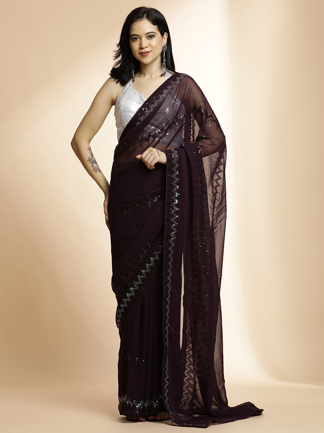 Pure Georgette Sequin Embroidered Red Wine Saree