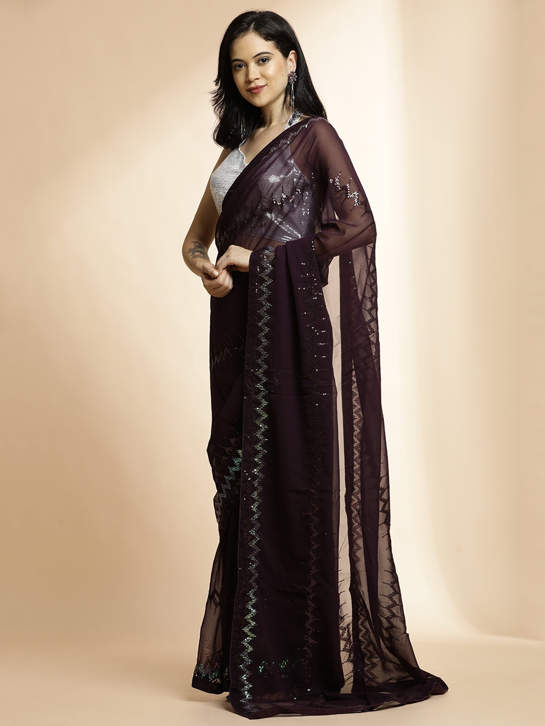 Pure Georgette Sequin Embroidered Red Wine Saree