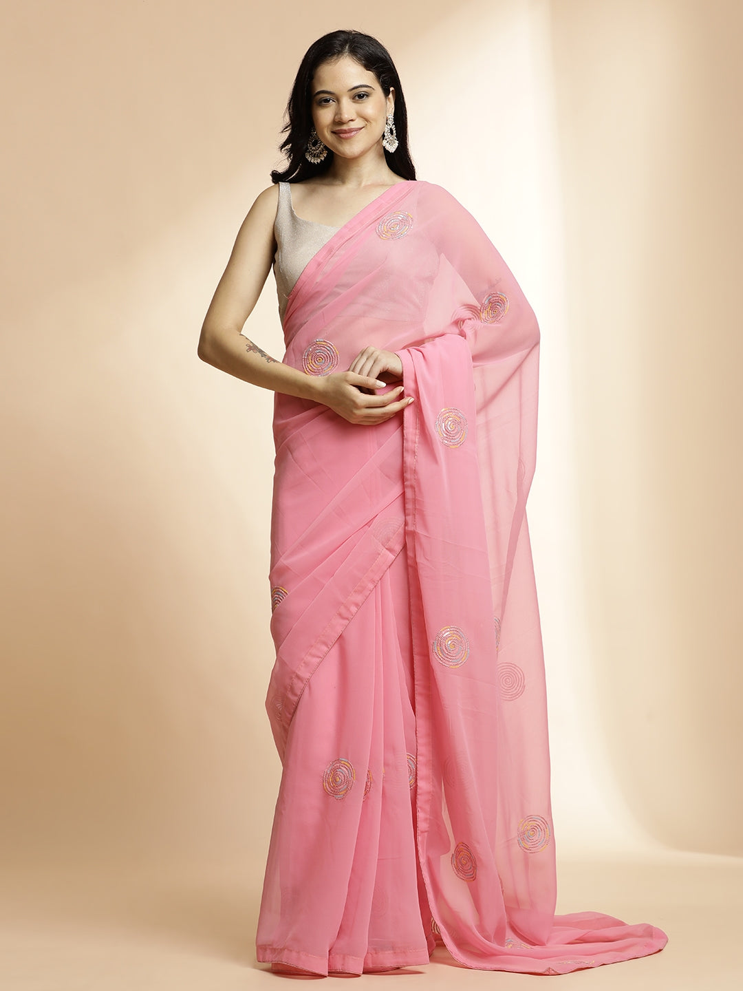 Sequin Embroidered Pure Georgette Pink Saree