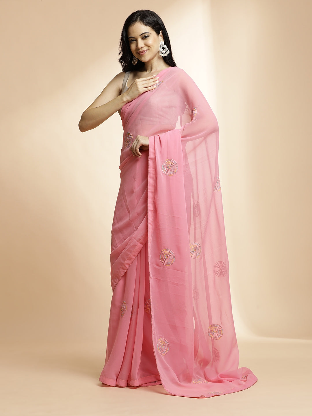 Sequin Embroidered Pure Georgette Pink Saree