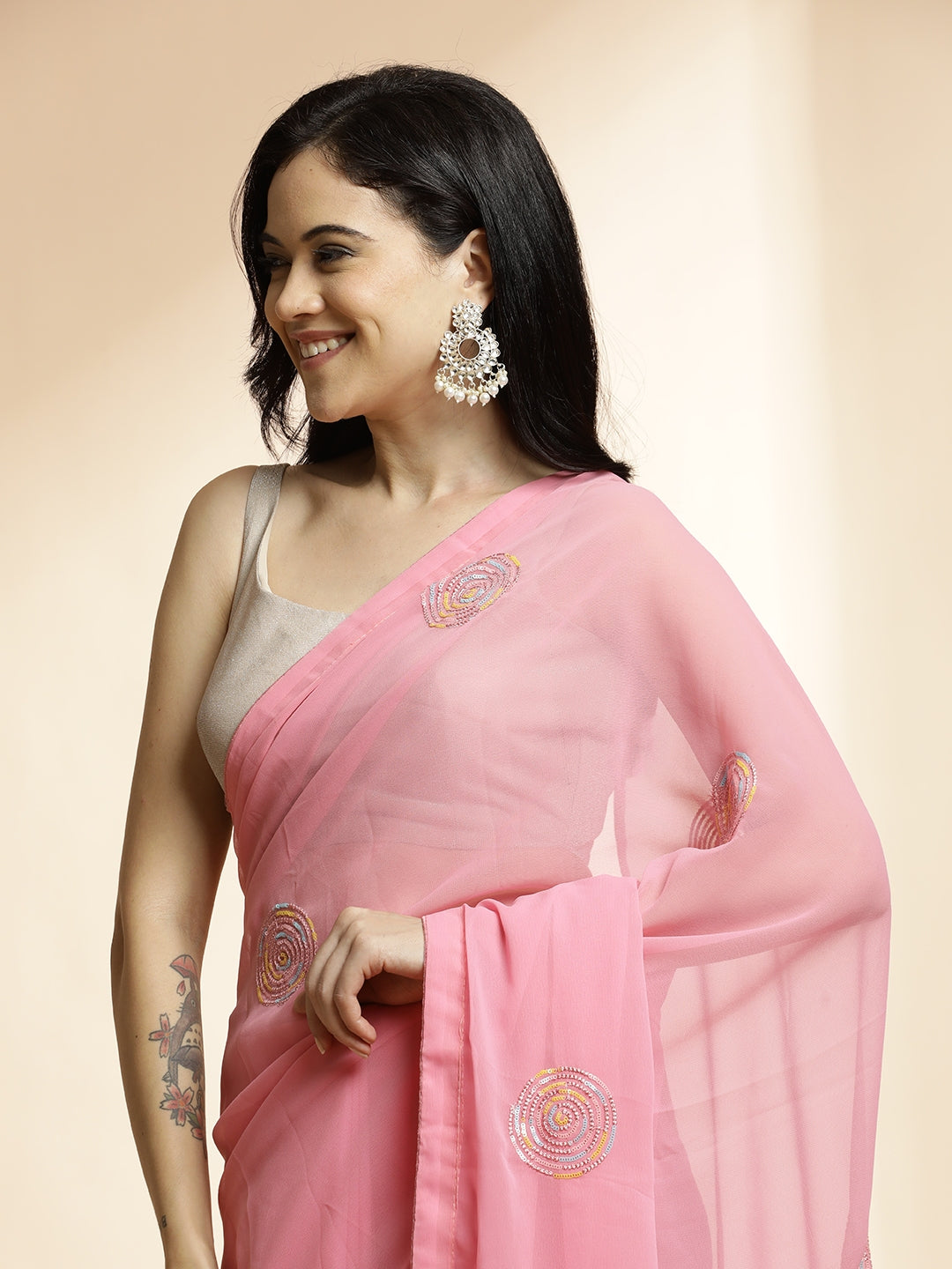 Sequin Embroidered Pure Georgette Pink Saree